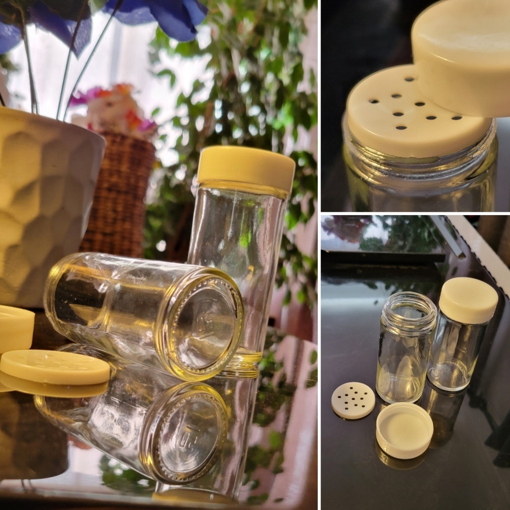 Glass pair 4" spice shakers, removable white lids